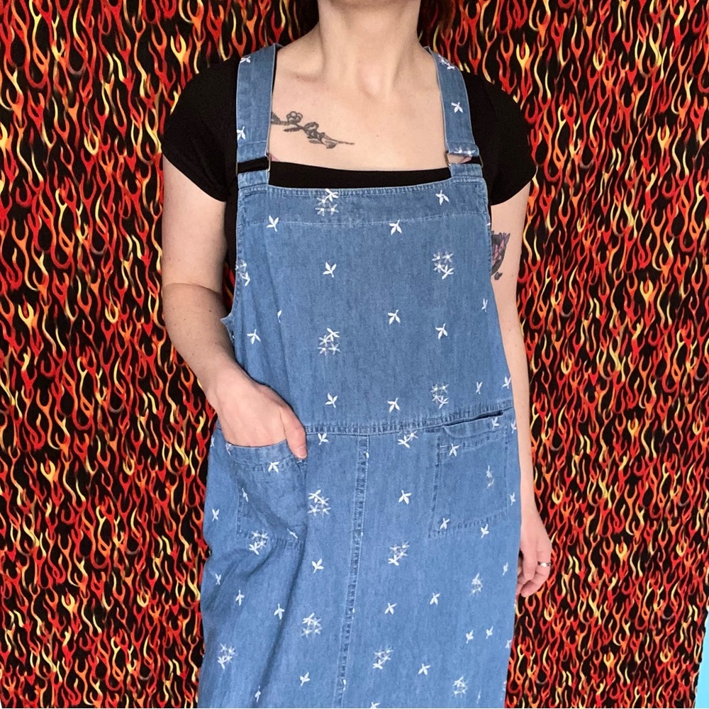 Denim Floral Embroidered Overall Dress
